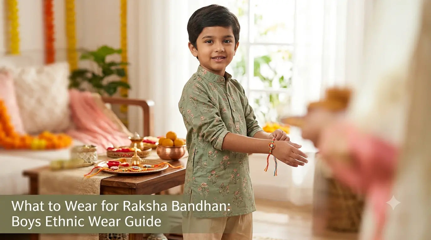 A young boy happily wearing a traditional green kurta pajama during a Raksha Bandhan celebration, suitable for a boys ethnic wear guide for festive occasions