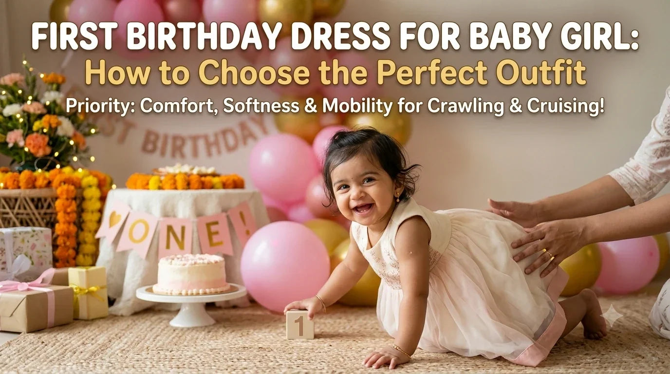 A smiling baby girl crawls among balloons at her first birthday party.