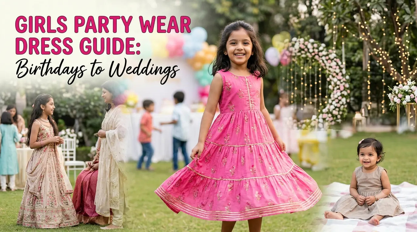 A young girl in a pink tiered dress, other people in traditional attire and dresses, and party decorations in an outdoor garden setting. This image represents a guide to girls' party wear for various occasions.