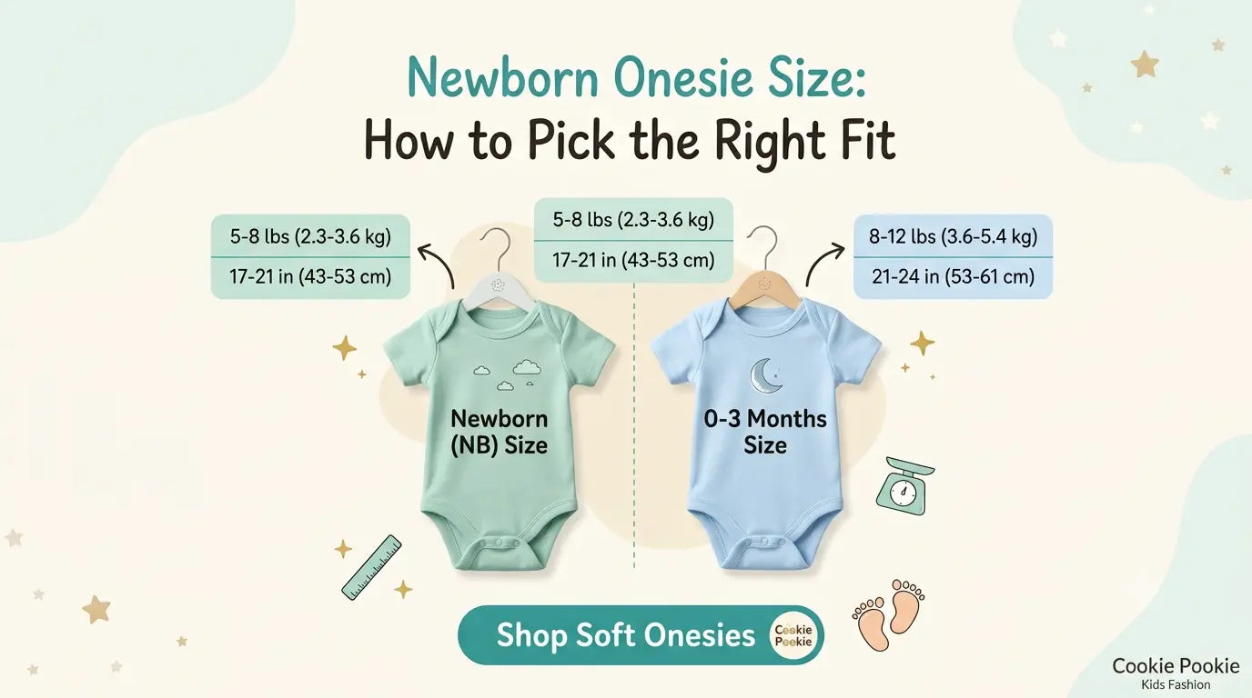 Newborn onesie size chart showing weight, height, and age guidelines from Preemie to 3-6 months