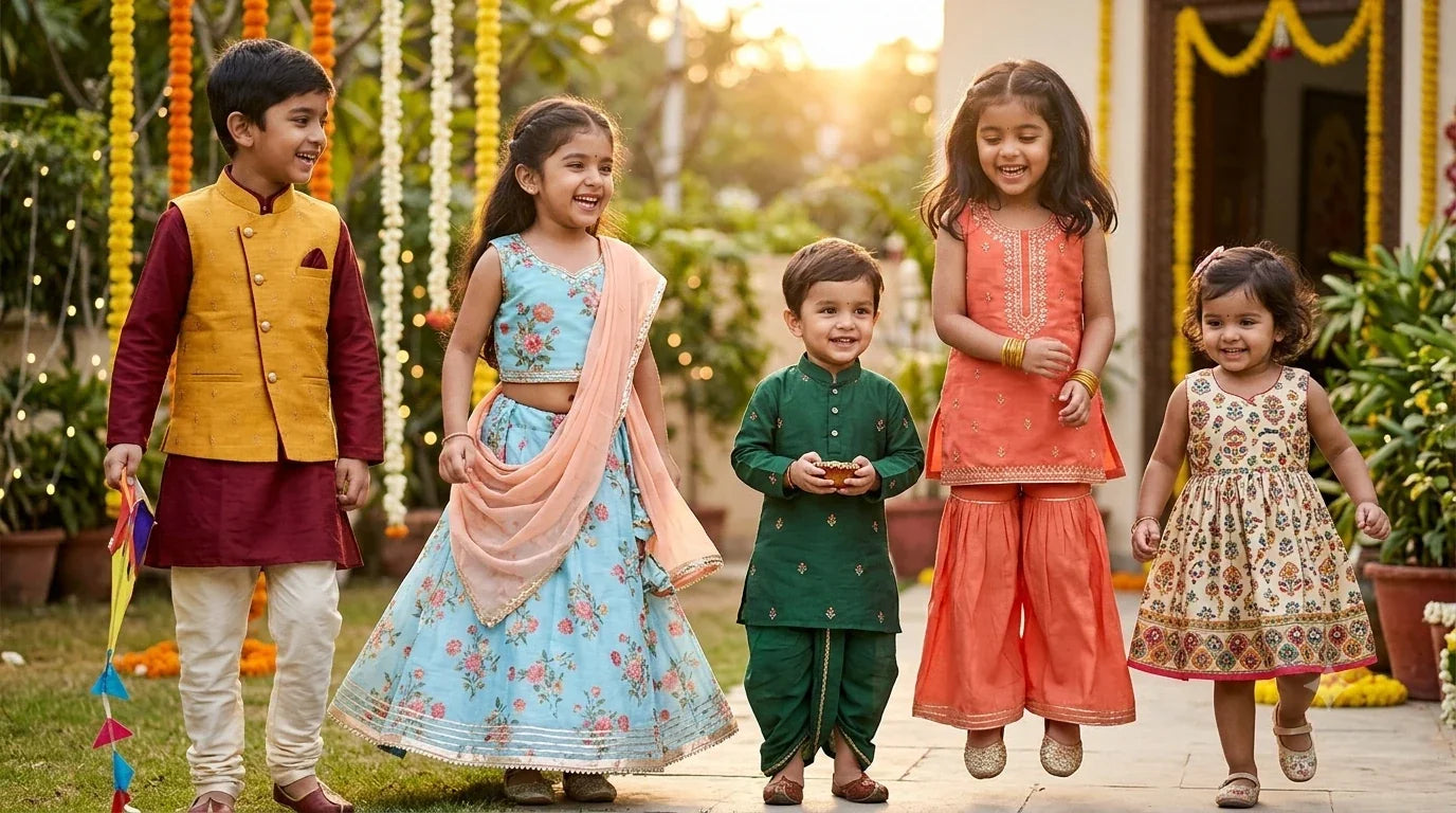 Traditional dress for kids featuring Indian festive outfits for boys and girls