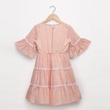 Peach Striped Lace-tiered Dress