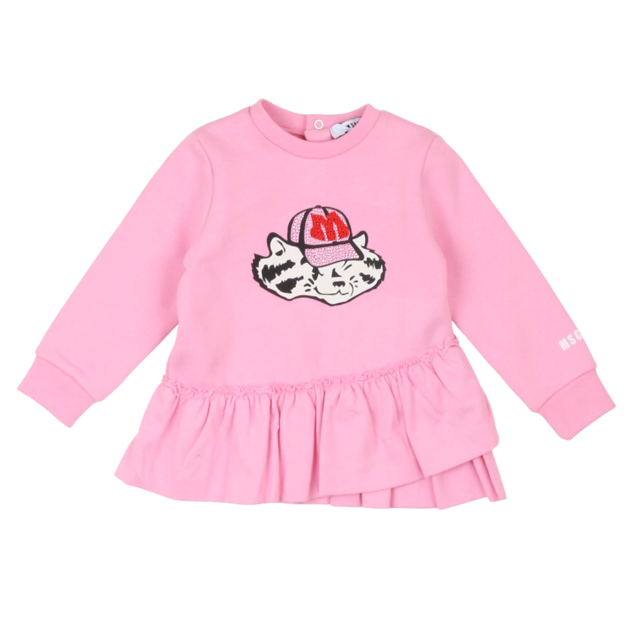 Pink dress with a cat and hat graphic on a white background