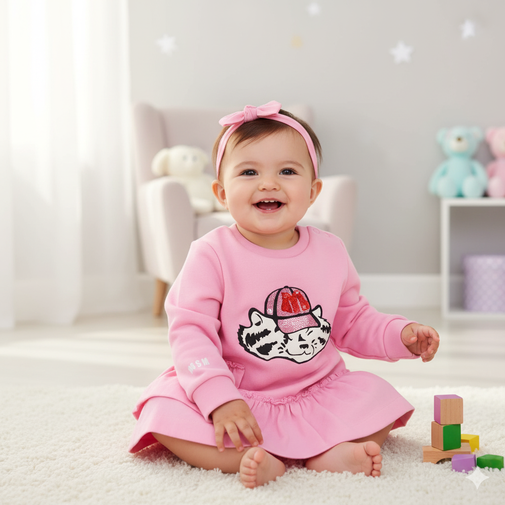 Baby in a pink outfit with a cat design, sitting on a carpeted floor in a room with toys.