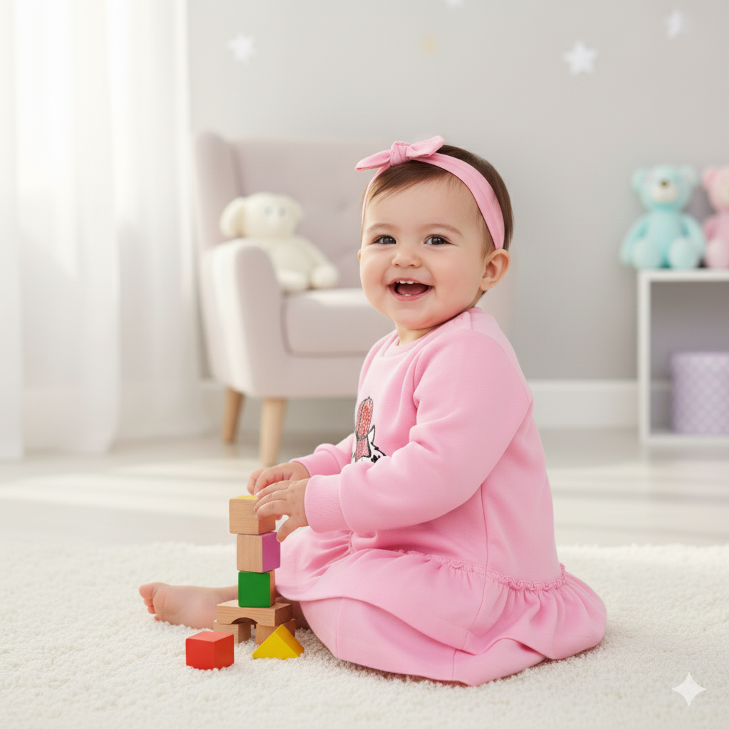 Baby in a pink outfit playing with colorful blocks in a room with toys and furniture.